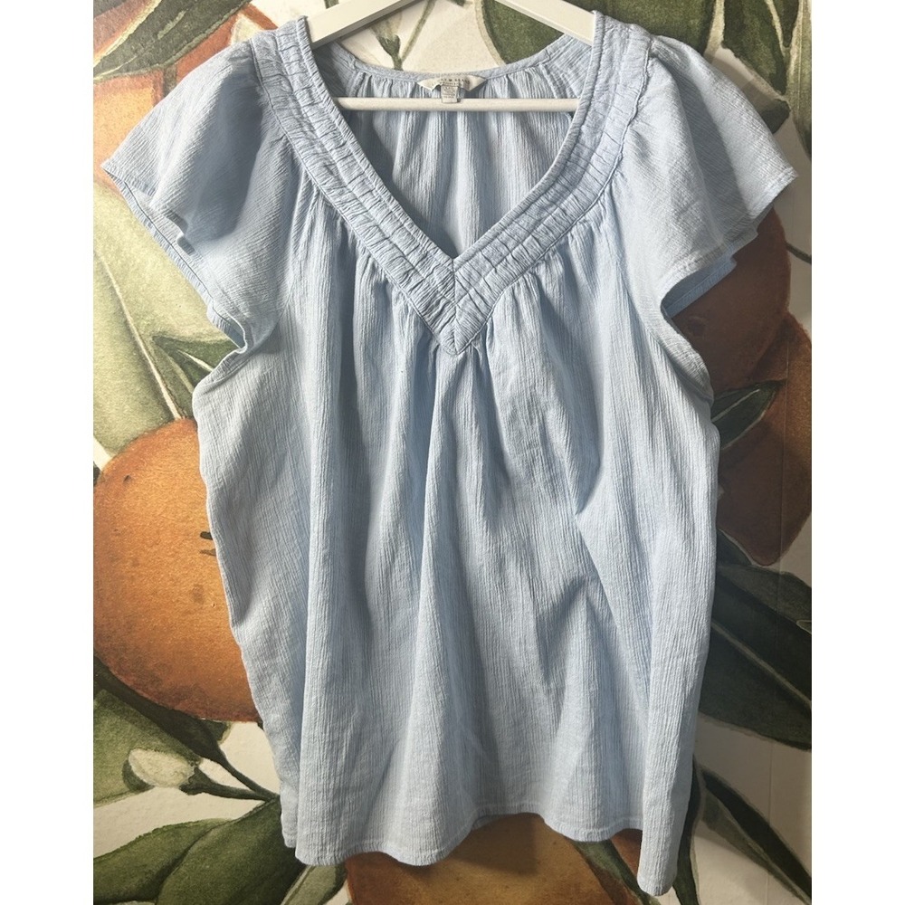 Lucky Brand Large Blue Gauze Texture Cotton Blend Flutter Sleeve Blouse Top